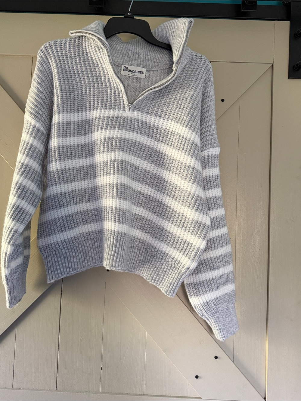 No Boundaries Light Gray & White Striped Half-Zip Cowl Sweater